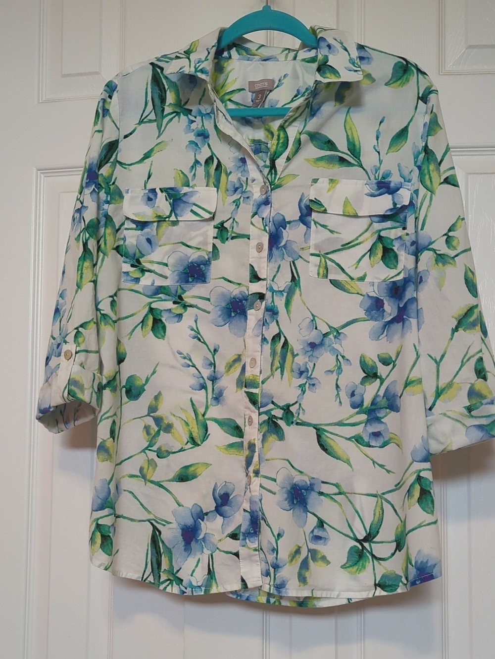 Chico's Print Blouse Blue And White Size 3
